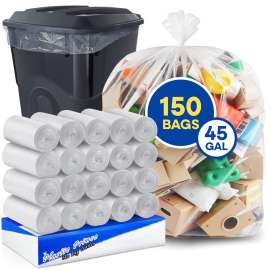 PLASTIC PRINCE 40-45 Gallon Trash Bags, Clear Trash Bags 40"W × 48"L, 22 Micron Clear Garbage Bags, 40-45 Gal High-Density Garbage Can Liners, Fits Square and Round Trash Cans, Pack of 150