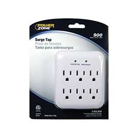 PowerZone Tap Surge Protector, 125 V, 15 A, 6 Outlet, White