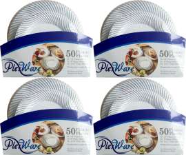 PLEXWARE (4 Sets 50 Pcs White Heavy Duty Plastic Disposable Plates Set with Silver Swirl Rim, 7.5" Dessert - 20 Pcs, 9" Lunch - 15 Pcs, 10.25" Dinner - 15 pcs, Plastic Plates for Party Wedding