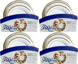 PLEXWARE (4 Sets) 50 Pcs White Heavy Duty Plastic Disposable Plates Set with Golden Rim, 7.5" Dessert - 20 Pcs, 9" Lunch - 15 Pcs, 10.25" Dinner - 15 pcs, Premium Disposable Plates for Party/Wedding