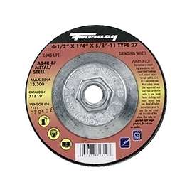 Forney 71819 Depressed Center, Type 27 Grinding Wheel, 5/8-11 in Arbor, 24-Grit, Aluminum Oxide, 4-1/2 in Dia