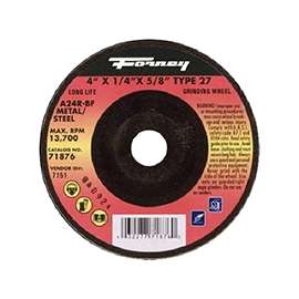Forney 71876 Depressed Center, Type 27 Grinding Wheel, 5/8 in Arbor, 24-Grit, Aluminum Oxide, 4 in Dia