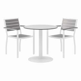 Eveleen Outdoor Patio Table with Two Gray Powder-Coated Polymer Chairs, 30" Dia x 29h, Designer White