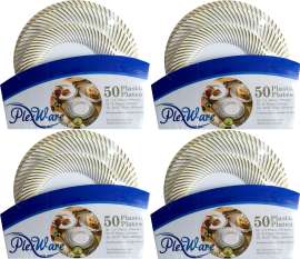 Plexware (4 Sets 50 Pcs White Heavy Duty Plastic Disposable Plates Set with Golden Swirl Rim, 7.5" Dessert - 20 Pcs, 9" Lunch - 15 Pcs, 10.25" Dinner - 15 pcs, Plastic Plates for Party Wedding