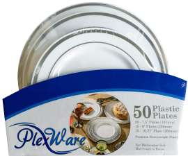 PLEXWARE 50 Pcs White Heavy Duty Plastic Disposable Plates Set with Silver Rim, 7.5" Dessert - 20 Pcs, 9" Lunch - 15 Pcs, 10.25" Dinner - 15 pcs, Disposable Plates for Party Wedding