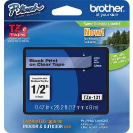 Brother P-touch TZe Laminated Tape Cartridges, 1/2", Black, Clear, 1 Each, Grease Resistant, Grime Resistant, Temperature Resistant