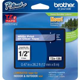 Brother P-touch TZe Laminated Tape Cartridges, 1/2", White, Clear, 1 Each, Grease Resistant, Grime Resistant, Temperature Resistant