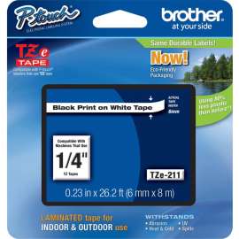 Brother P-touch TZe Laminated Tape Cartridges, 1/4", Rectangle, White, 1 Each