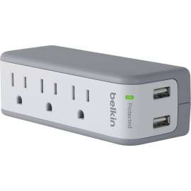 Belkin 3-Outlet Mini Surge Protector with USB Ports (2.1 AMP), 3 x NEMA 5-15R, 2 x USB, 918 J, 120 V AC Input, 120 V AC, 5 V DC Output