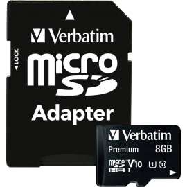 Verbatim 8GB Premium microSDHC Memory Card with Adapter, UHS-I Class 10, Class 10, 80MBps Read, 80MBps Write1 Pack