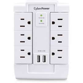 CyberPower CSP600WSURC2 Professional 6, Outlet Surge with 1200 J, Clamping Voltage 800V, NEMA 5-15P, Wall Tap, 2, 2.4 Amps (Shared) USB, EMI/RFI Filtration, White, Lifetime Warranty