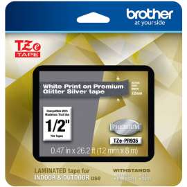 Brother TZe Premium Glitter Laminated Tape, 12mm, Brother P-touch TZe-PR935 White Print on Premium Glitter Silver Laminated Tape 12mm (0.47") wide x 8m (26.2') long