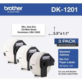 Brother Address Label, White, Paper, 400 / Roll, 1200 Total Label(s)