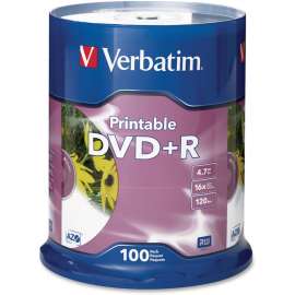 Verbatim DVD+R 4.7GB 16X White Inkjet Printable, 100pk Spindle, 120mm, Printable