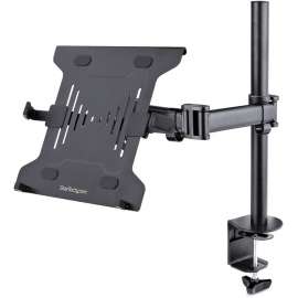 StarTech.com Laptop Desk Mount, Monitor and Laptop Arm Mount, Displays up to 34" (17.6lb/8kg), VESA Laptop Tray Arm, Clamp / Grommet, This dual-purpose black laptop mount for desk allows mounting a laptop on the ventilated VESA laptop tray or a 27in or 34