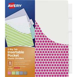 Big Tab Insertable Plastic Dividers with Pockets, 5-Tab Set, Assorted Designs