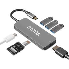 Plugable USB-C Hub 7-in-1, Compatible with Mac, Windows, Chromebook, USB4, Thunderbolt 4, and More, (4K HDMI, 3 USB 3.0, SD & microSD Card Reader, 87W Charging)