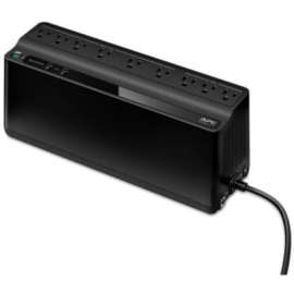 APC by Schneider Electric 850VA APC Security Battery, 50 VA / 450 W backup battery power supply. 9 outputs (NEMA 5-15R): 6 UPS backup batteries with surge protection outlets, and 3 surge protection outlets. Two USB charging ports (2.4A shared). 1.5m power