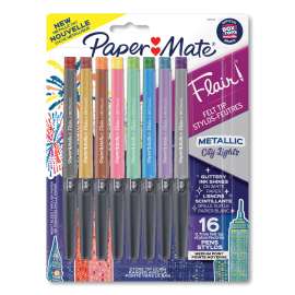 Flair Metallic Porous Point Pen, Stick, Medium 0.7 mm, Assorted Ink and Barrel Colors, 16/Pack