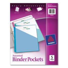 Binder Pockets, 3-Hole Punched, 9 1/4 x 11, Assorted Colors, 5/Pack