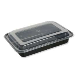 Food Container with Lid, 32 oz, 8.81 x 6.02 x 2.24, Black/Clear, Plastic, 150/Carton