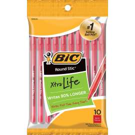 Round Stic® Xtra Life Ballpoint Pen, Medium Point (1.0mm), Red, Pack of 10
