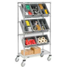 Global Industrial Easy Access Slant Shelf Wire Cart 12 3-1/2"H Grid Containers Gray 36x18x63