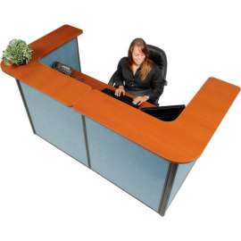 Interion U-Shaped Reception Station, 88" W x 44"D x 44"H, Cherry Counter, Blue Panel