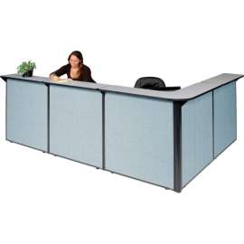 Interion L-Shaped Reception Station, 116"W x 80"D x 44"H, Gray Counter, Blue Panel