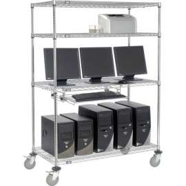 Nexel 4-Shelf Mobile Wire Computer LAN Workstation w/Keyboard Tray, 48"W x 24"D x 69"H, Chrome