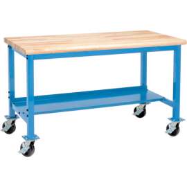 Global Industrial Mobile Production Workbench w/ Maple Safety Edge Top, 72"W x 30"D, Blue