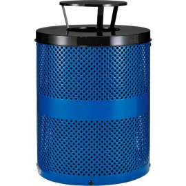 Global Industrial Outdoor Perforated Steel Trash Can With Rain Bonnet Lid, 36 Gallon, Blue