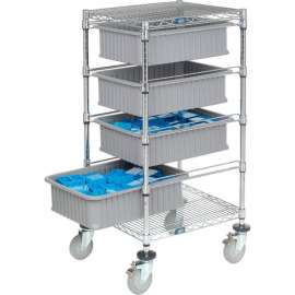 Global Industrial Chrome Wire Cart With (4) 6"H Gray Grid Containers 21x24x40