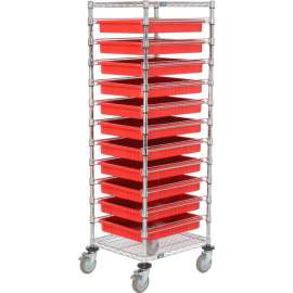 Global Industrial Chrome Wire Cart With (11) 3"H Red Grid Containers, 21x24x69