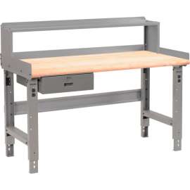 Global Industrial 48 x 30 Adj Height Workbench w/Drawer&Riser, Gray- Maple Safety Edge Top