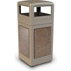 PolyTec Square Waste Container w/Dome Lid - Beige w/Riverstone Stone Panels, 42-Gallon