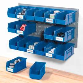 Global Industrial Wall Bin Rack Panel 36 x19 - 18 Blue 5-1/2x11x5 Stacking Bins