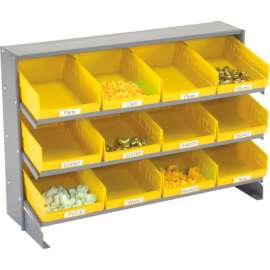 Global Industrial 3 Shelf Bench Pick Rack - 12 Yellow Plastic Shelf Bins 8 Inch Wide 33x12x21