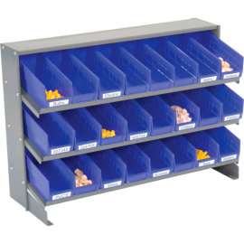 Global Industrial 3 Shelf Bench Pick Rack - 24 Blue Shelf Bins 4 Inch Wide 33x12x21