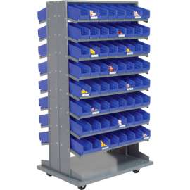 Global Industrial 16 Shelf Double-Sided Mobile Pick Rack - 128 Blue Plastic Shelf Bins 4" Wide