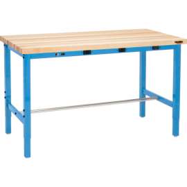 Global Industrial 60 x 24 Adjustable Height Workbench - Power Apron, Maple Square Edge Blue