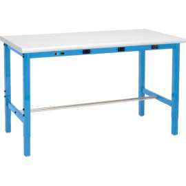 Global Industrial 60 x 36 Adjustable Height Workbench - Power Apron, Laminate Safety Edge Blue