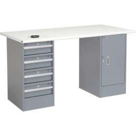 Global Industrial 60"W x 30"D Pedestal Workbench - 4 Drawers & Cabinet, ESD Safety Edge - Gray