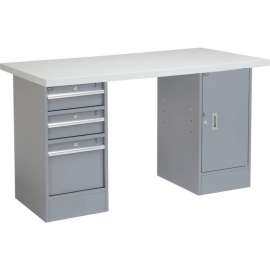 Global Industrial 96 x 30 Pedestal Workbench - 3 Drawers & Cabinet, Laminate Square Edge Gray