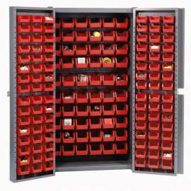 Bin Cabinet Deep Door - 156 Red Bins, 16Ga. Assembled Cabinet 38 x 24 x 72