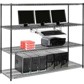 Nexel 4-Shelf Wire Computer LAN Workstation with Keyboard Tray, 72"W x 24"D x 63"H, Black