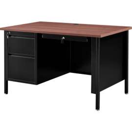 Interion Steel Teachers Desk, 48"W x 30"D, Mahogany Top with Black Frame
