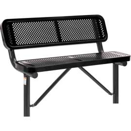 Global Industrial 4' Outdoor Steel Bench w/ Backrest, Perforated Metal, In Ground Mount, Black