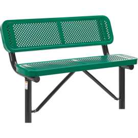 Global Industrial 4' Outdoor Steel Bench w/ Backrest, Perforated Metal, In Ground Mount, Green