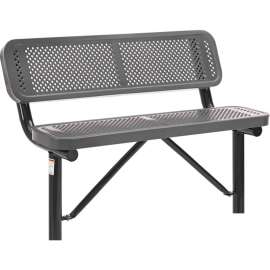 Global Industrial 4' Outdoor Steel Bench w/ Backrest, Perforated Metal, In Ground Mount, Gray